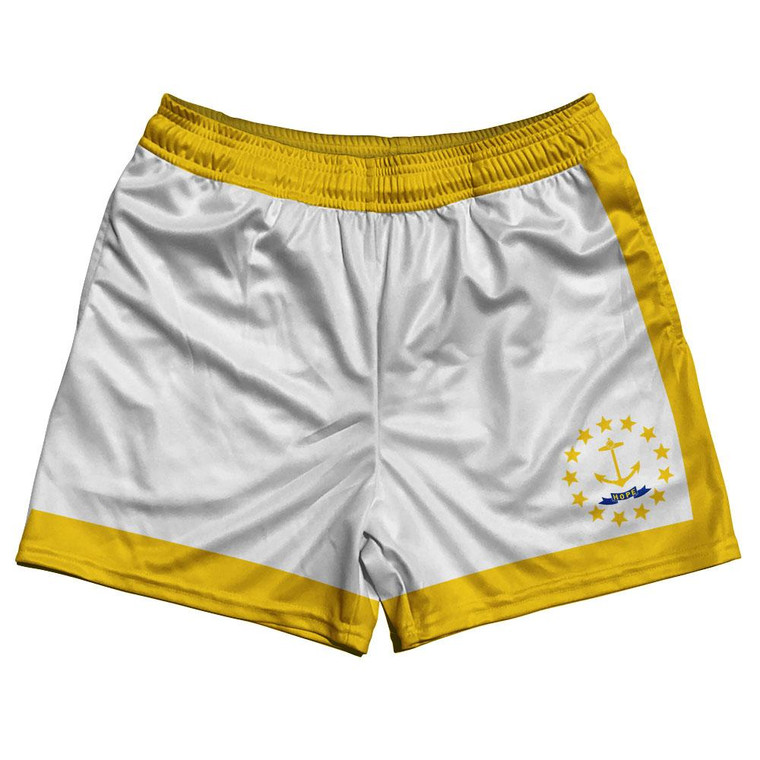 Rhode Island State Flag Rugby Gym Short 5 Inch Inseam With Pockets Made In USA - White Yellow