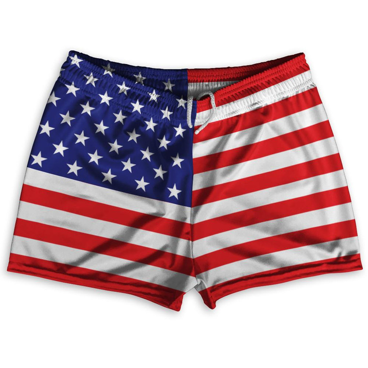 American Flag Shorty Short Gym Shorts 2.5"Inseam Made in USA - Red Blue