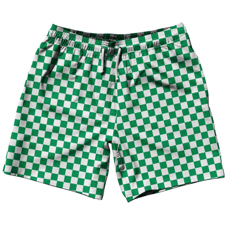Kelly Green & White Checkerboard Swim Shorts 7.5" Made in USA - Kelly Green & White