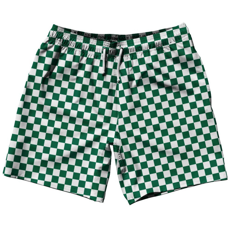 Hunter Green & White Checkerboard Swim Shorts 7.5" Made in USA - Hunter Green & White