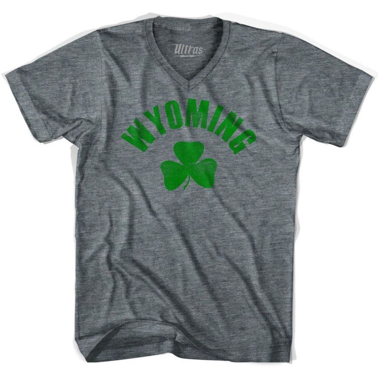 Wyoming State Shamrock Tri-Blend V-neck Junior Cut Womens T-shirt - Athletic Grey