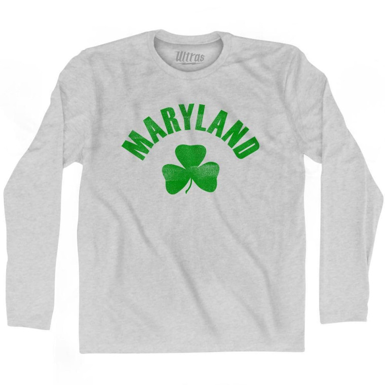 Maryland State Shamrock Cotton Long Sleeve T-shirt - Grey Heather