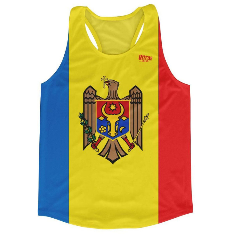 Moldova Country Flag Running Tank Top Racerback Track and Cross Country Singlet Jersey Made In USA - Blue Yellow Red