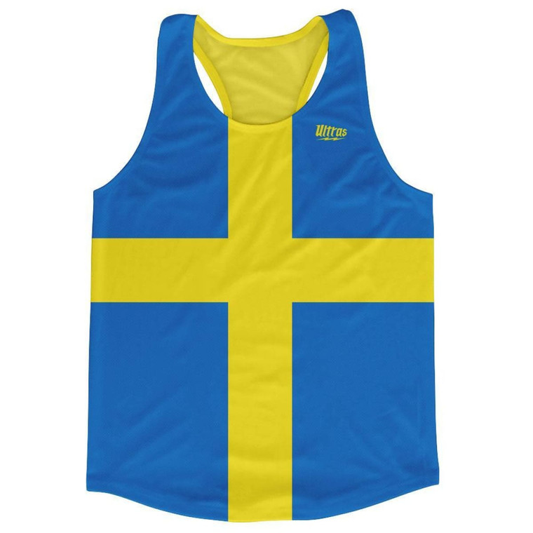 Sweden Country Flag Running Tank Top Racerback Track and Cross Country Singlet Jersey Made In USA - Blue Yellow