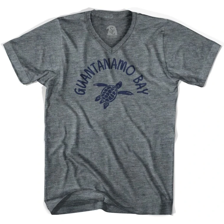 Guantanamo Bay Beach Sea Turtle Adult Tri-Blend V-neck T-shirt - Athletic Grey