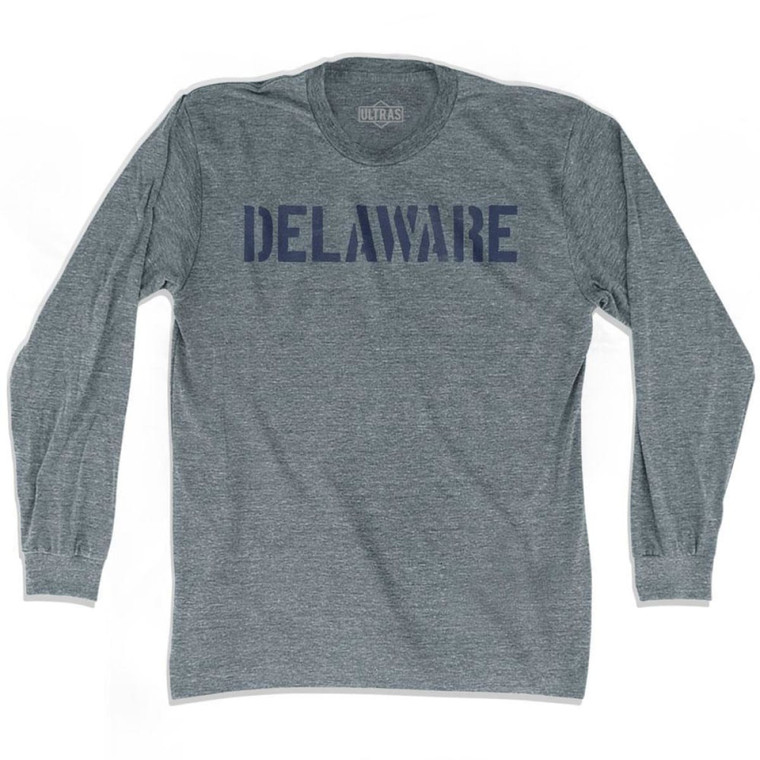 Delaware State Stencil Adult Tri-Blend Long Sleeve T-shirt - Athletic Grey