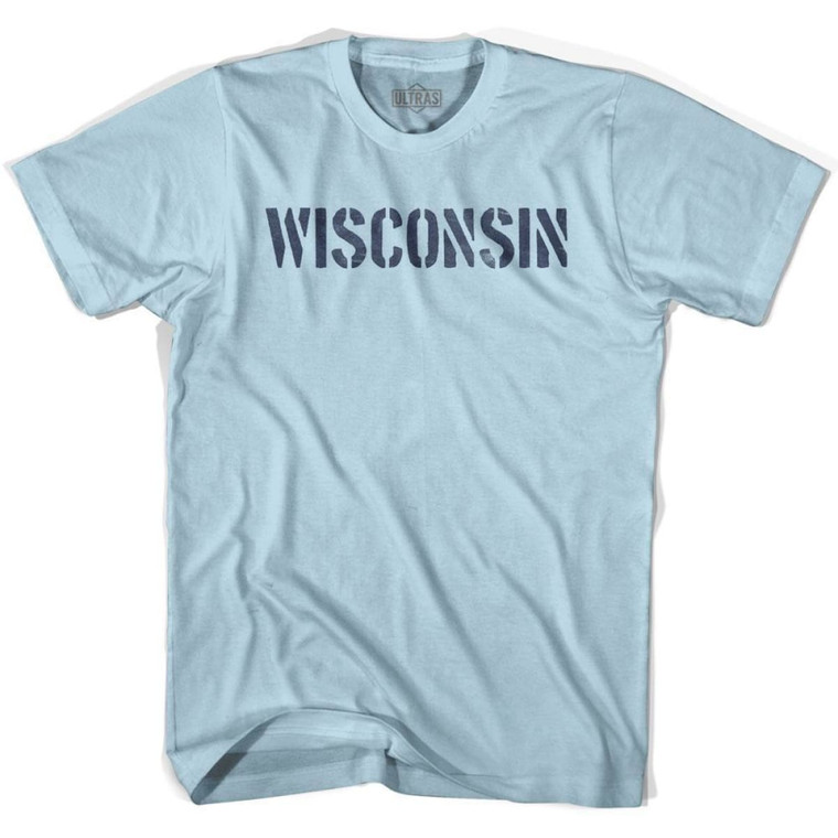 Wisconsin State Stencil Adult Cotton T-shirt - Light Blue