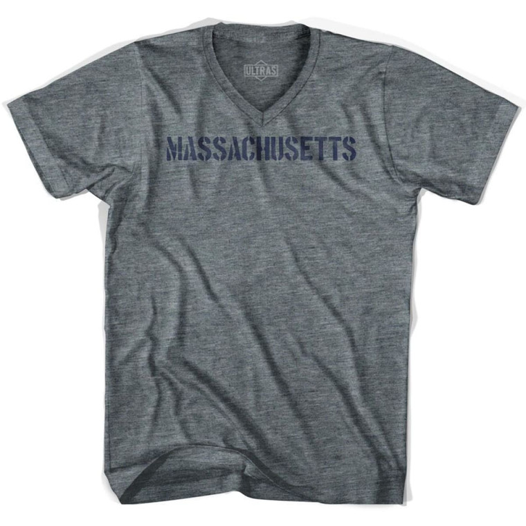 Massachusetts State Stencil Adult Tri-Blend V-neck Womens T-shirt - Athletic Grey
