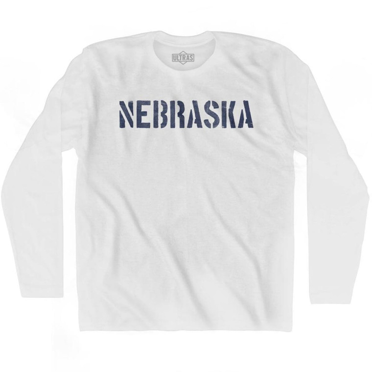 Nebraska State Stencil Adult Cotton Long Sleeve T-shirt - White