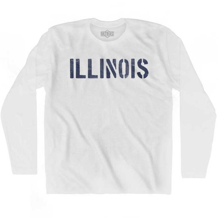 Illinois State Stencil Adult Cotton Long Sleeve T-shirt - White