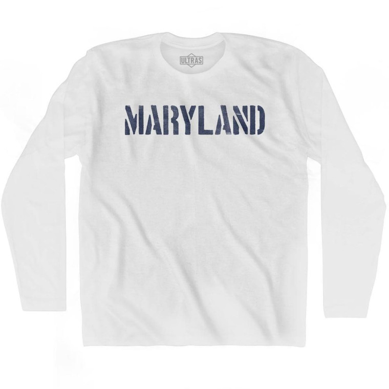 Maryland State Stencil Adult Cotton Long Sleeve T-shirt - White