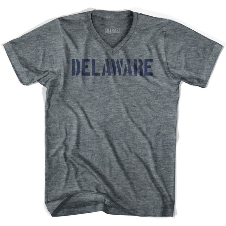 Delaware State Stencil Adult Tri-Blend V-neck T-shirt - Athletic Grey