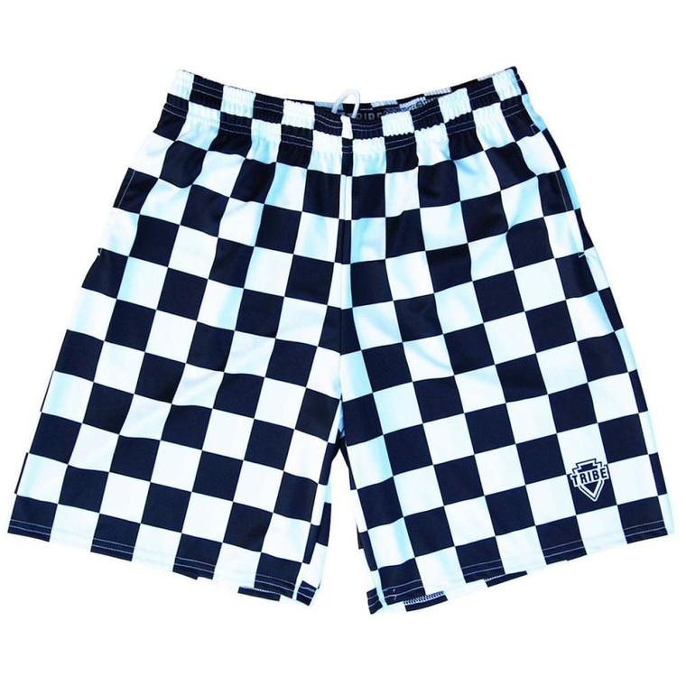 Navy and White Checkerboard Lacrosse Shorts Made in USA - Navy and White