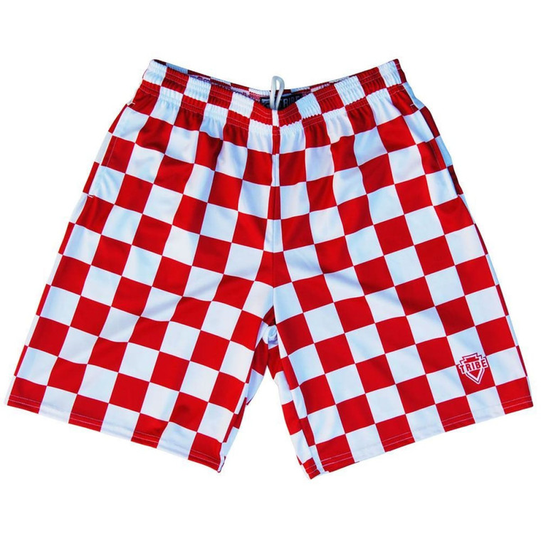 Red and White Checkerboard Lacrosse Shorts Made in USA - Red and White