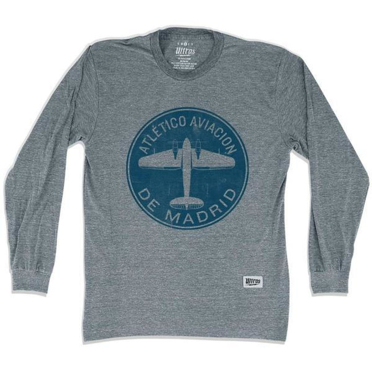 Atletico Madrid Round Plane Soccer Long Sleeve T-shirt - Athletic Grey