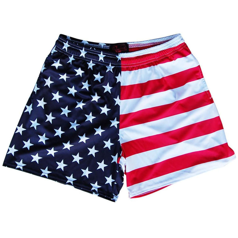 American Flag Jacks Rugby Gym Short 5 Inch Inseam With Pockets Made In USA - Red White & Blue