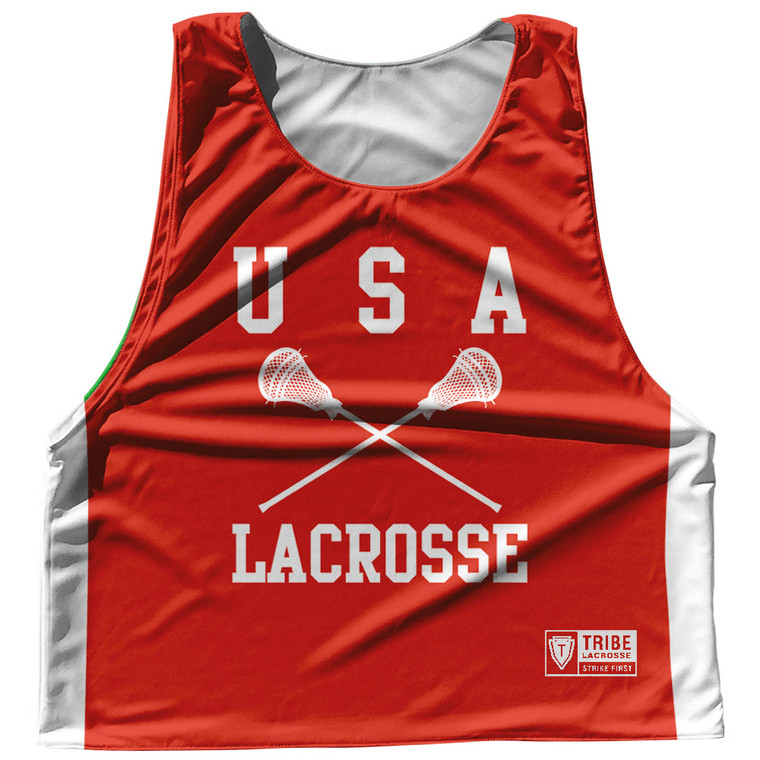 USA Country Nations Crossed Sticks Reversible Lacrosse Pinnie Made In USA - Red & White
