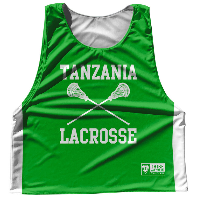 Tanzania Country Nations Crossed Sticks Reversible Lacrosse Pinnie Made In USA - Green & White