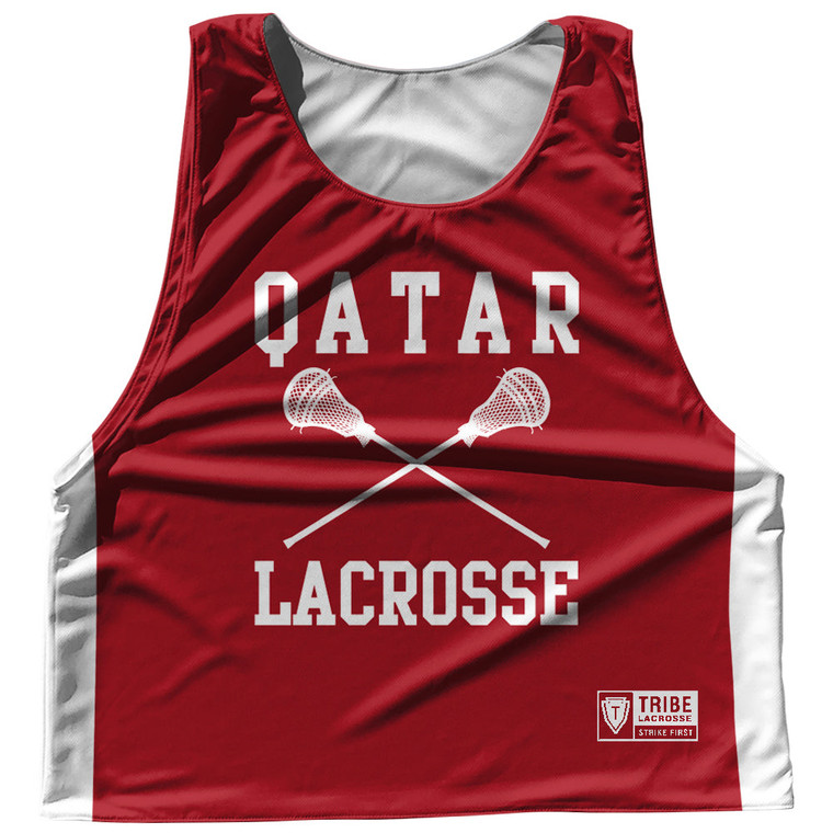 Qatar Country Nations Crossed Sticks Reversible Lacrosse Pinnie Made In USA - Red & White