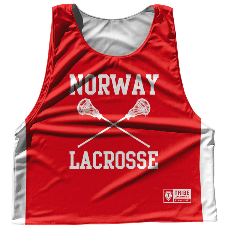 Norway Country Nations Crossed Sticks Reversible Lacrosse Pinnie Made In USA - Red & White