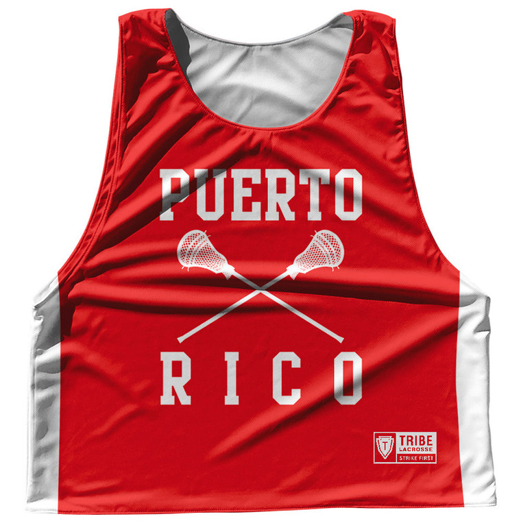 Puerto Rico Country Nations Crossed Sticks Reversible Lacrosse Pinnie Made In USA - Red & White