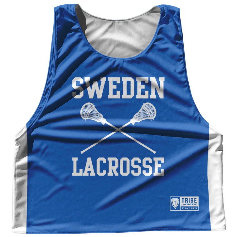 Sweden Country Nations Crossed Sticks Reversible Lacrosse Pinnie Made In USA - Blue & White