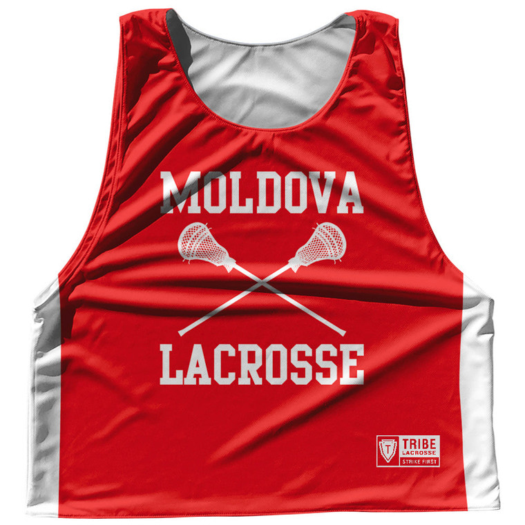 Moldova Country Nations Crossed Sticks Reversible Lacrosse Pinnie Made In USA - Red & White