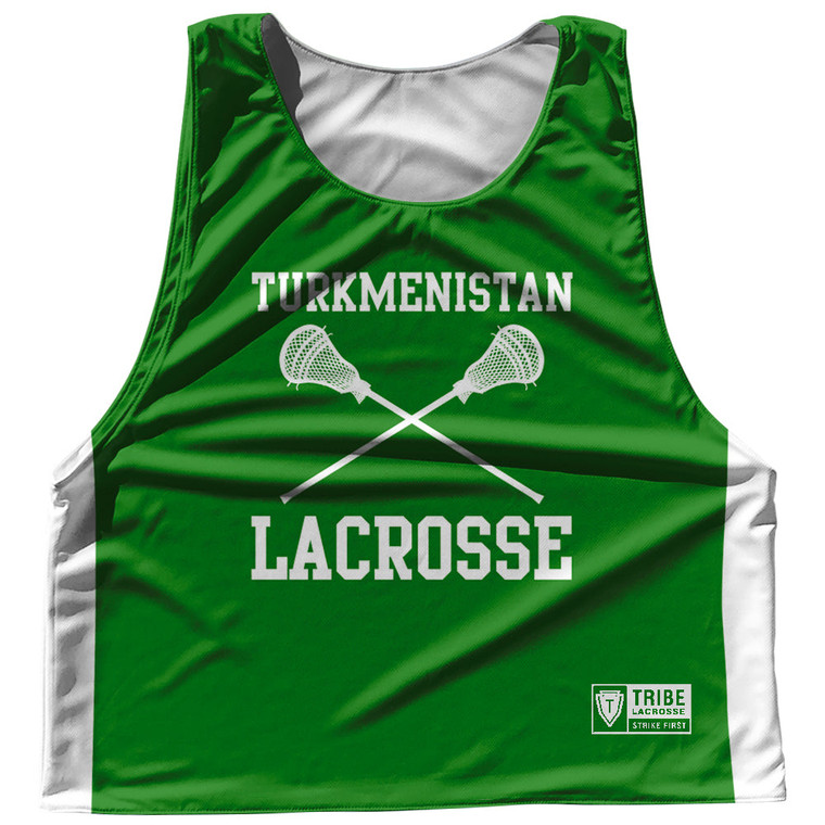 Turkmenistan Country Nations Crossed Sticks Reversible Lacrosse Pinnie Made In USA - Green & White