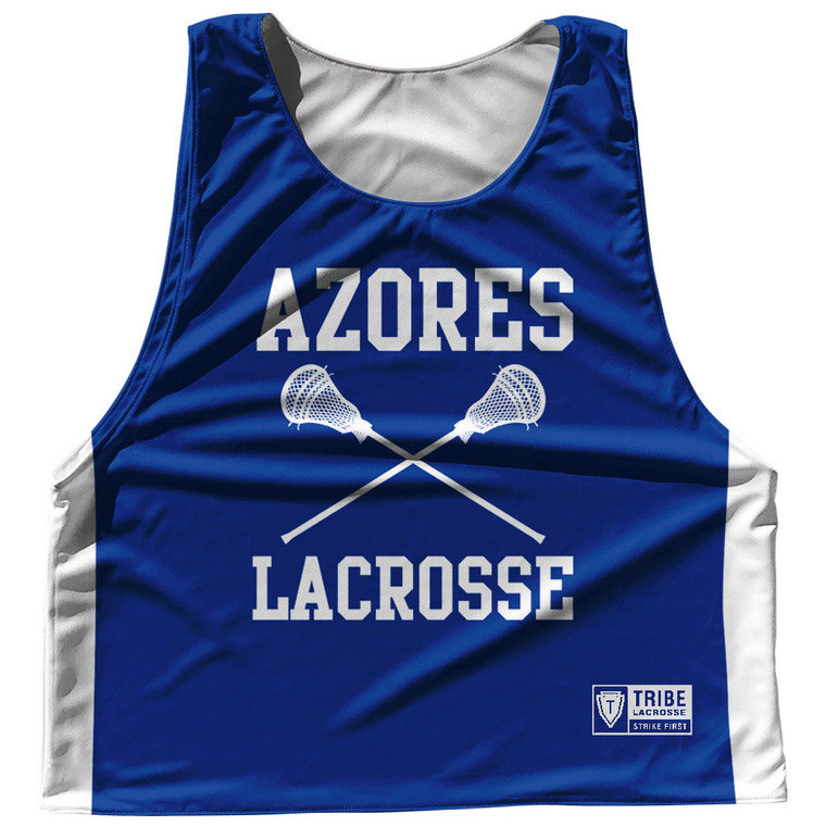 Azores Country Nations Crossed Sticks Reversible Lacrosse Pinnie Made In USA - Royal & White
