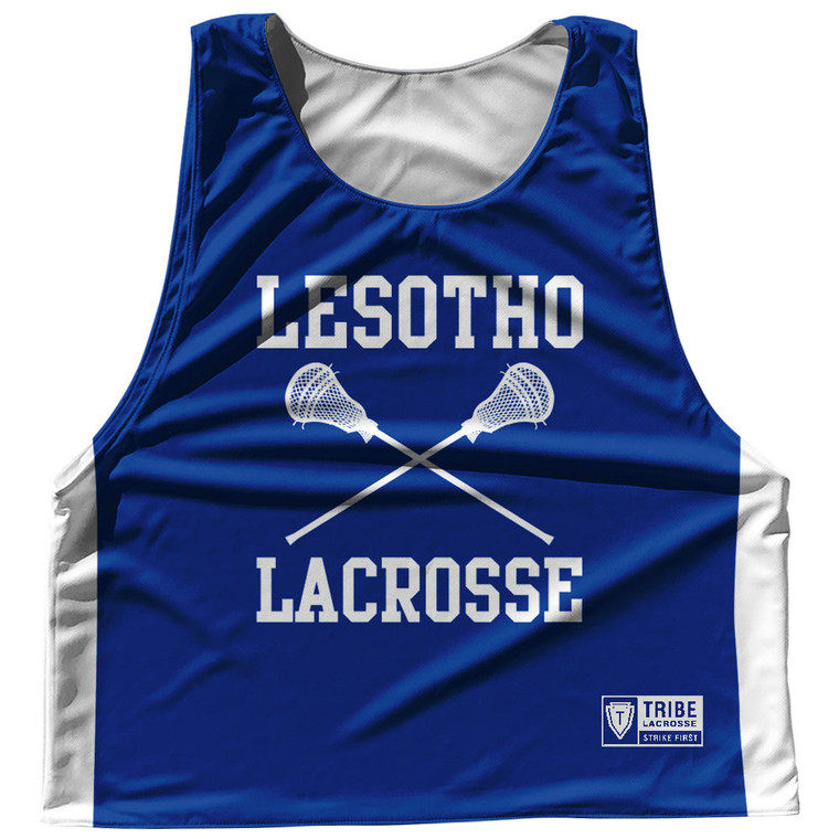 Lesotho Country Nations Crossed Sticks Reversible Lacrosse Pinnie Made In USA - Royal & White
