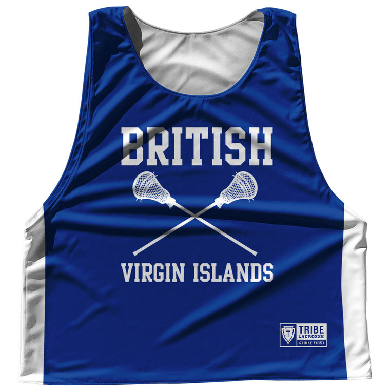 British Virgin Islands Country Nations Crossed Sticks Reversible Lacrosse Pinnie Made In USA - Royal & White