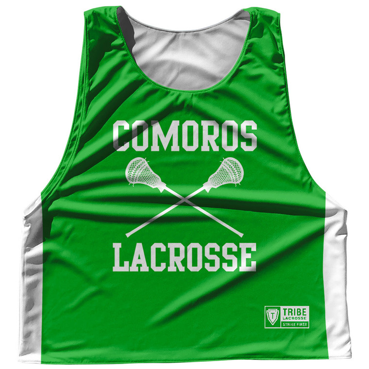 Comoros Country Nations Crossed Sticks Reversible Lacrosse Pinnie Made In USA - Green & White