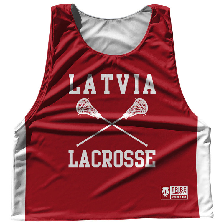Latvia Country Nations Crossed Sticks Reversible Lacrosse Pinnie Made In USA - Red & White