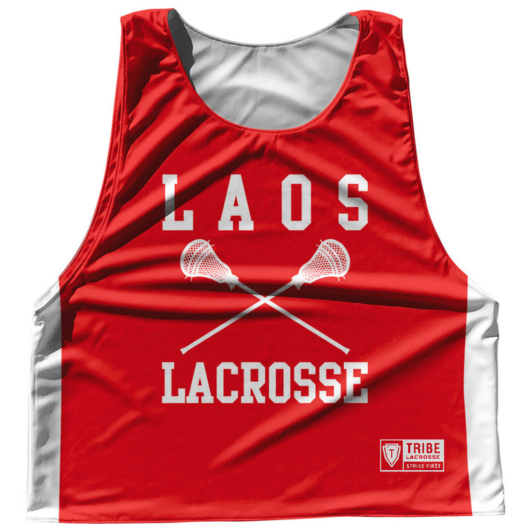 Laos Country Nations Crossed Sticks Reversible Lacrosse Pinnie Made In USA - Red & White