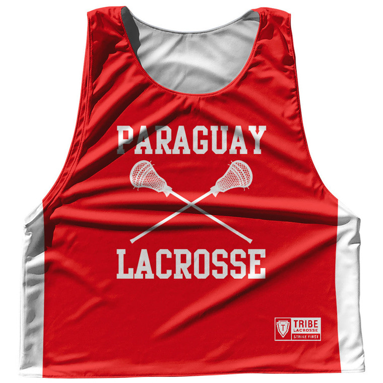 Paraguay Country Nations Crossed Sticks Reversible Lacrosse Pinnie Made In USA - Red & White