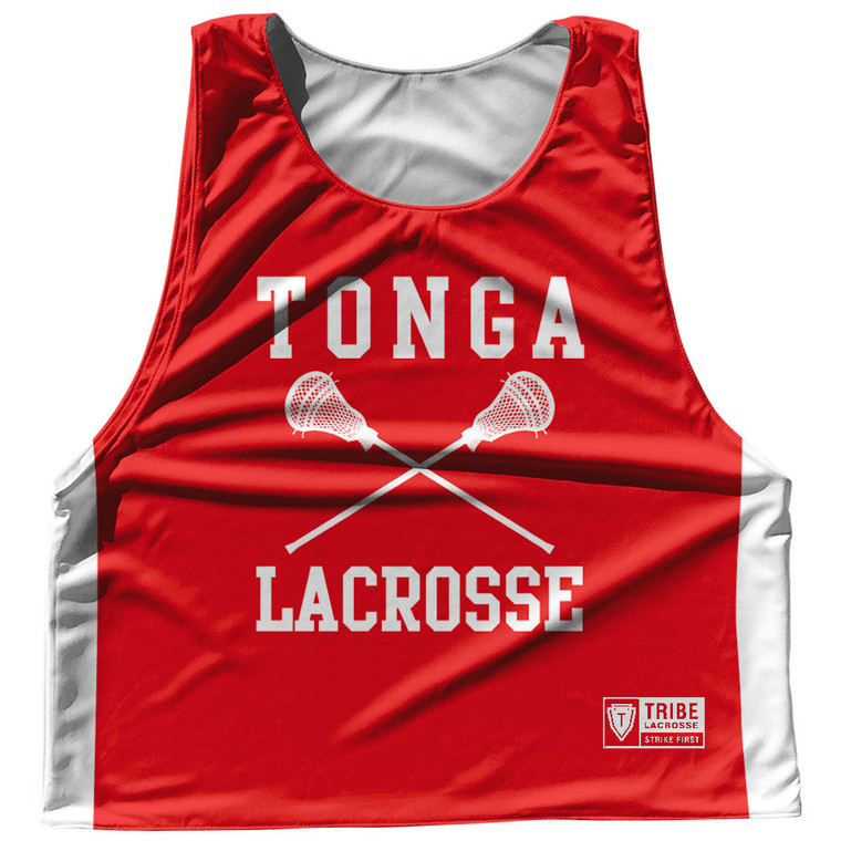Tonga Country Nations Crossed Sticks Reversible Lacrosse Pinnie Made In USA - Red & White