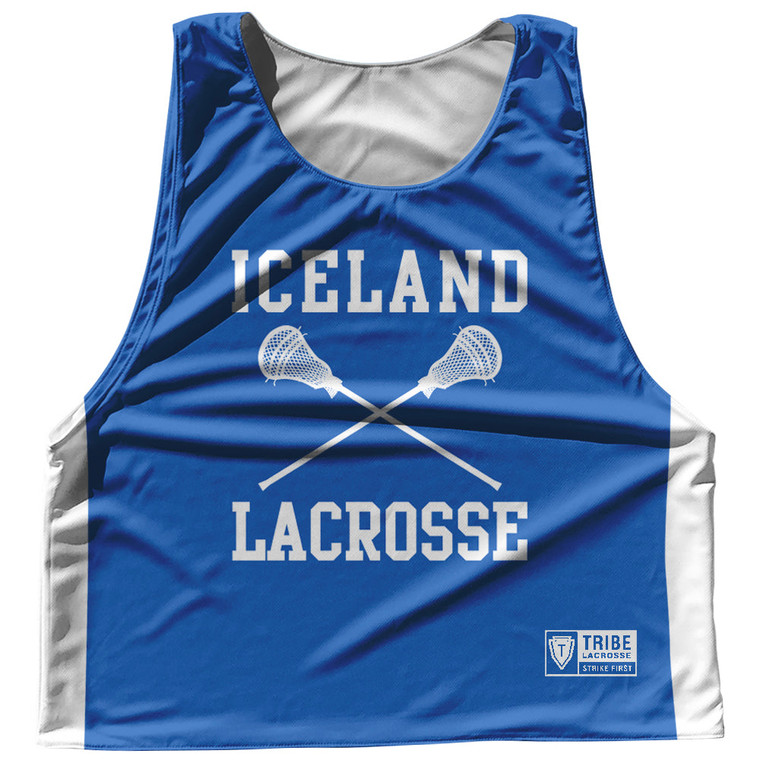 Iceland Country Nations Crossed Sticks Reversible Lacrosse Pinnie Made In USA - Blue & White