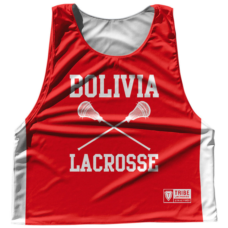 Bolivia Country Nations Crossed Sticks Reversible Lacrosse Pinnie Made In USA - Red & White