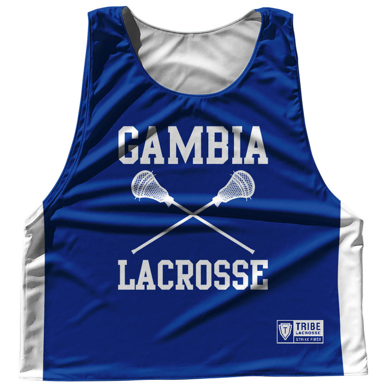 Gambia Country Nations Crossed Sticks Reversible Lacrosse Pinnie Made In USA - Royal & White