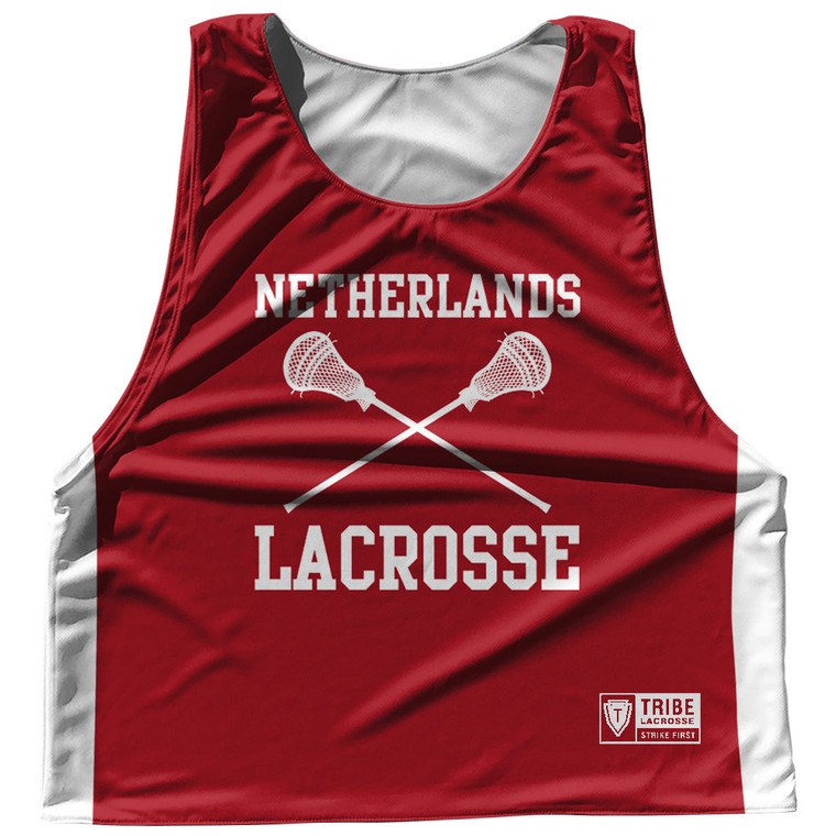 Netherlands Country Nations Crossed Sticks Reversible Lacrosse Pinnie Made In USA - Red & White