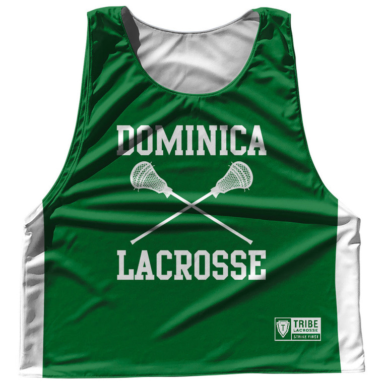 Dominica Country Nations Crossed Sticks Reversible Lacrosse Pinnie Made In USA - Green & White