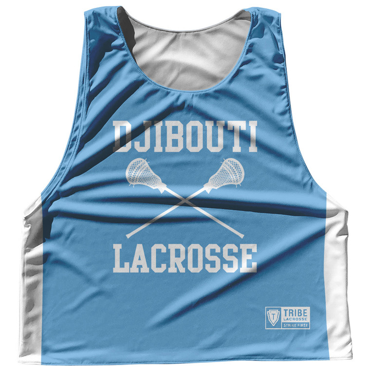 Djibouti Country Nations Crossed Sticks Reversible Lacrosse Pinnie Made In USA - Light Blue & White