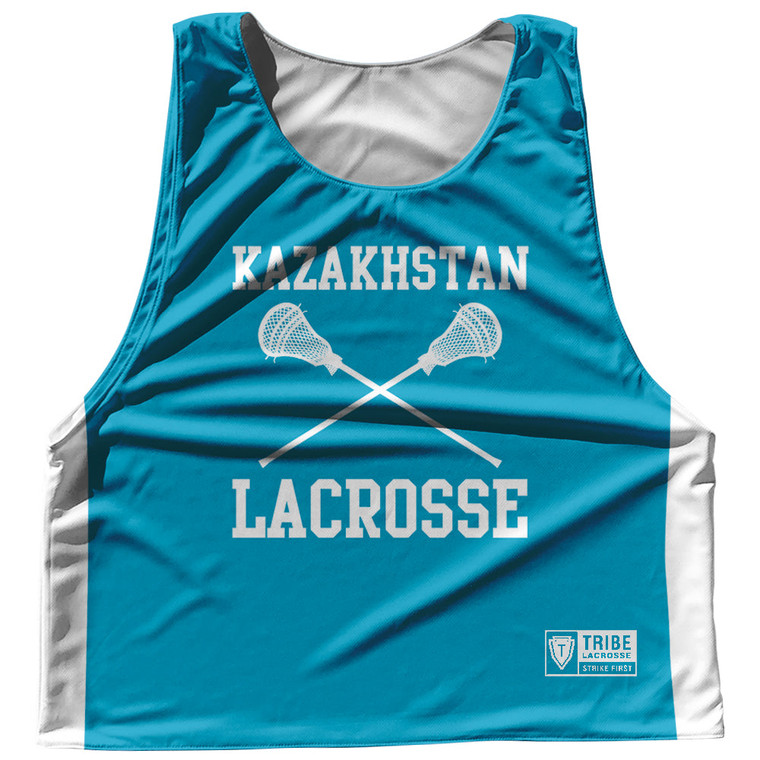 Kazakhstan Country Nations Crossed Sticks Reversible Lacrosse Pinnie Made In USA - Blue & White