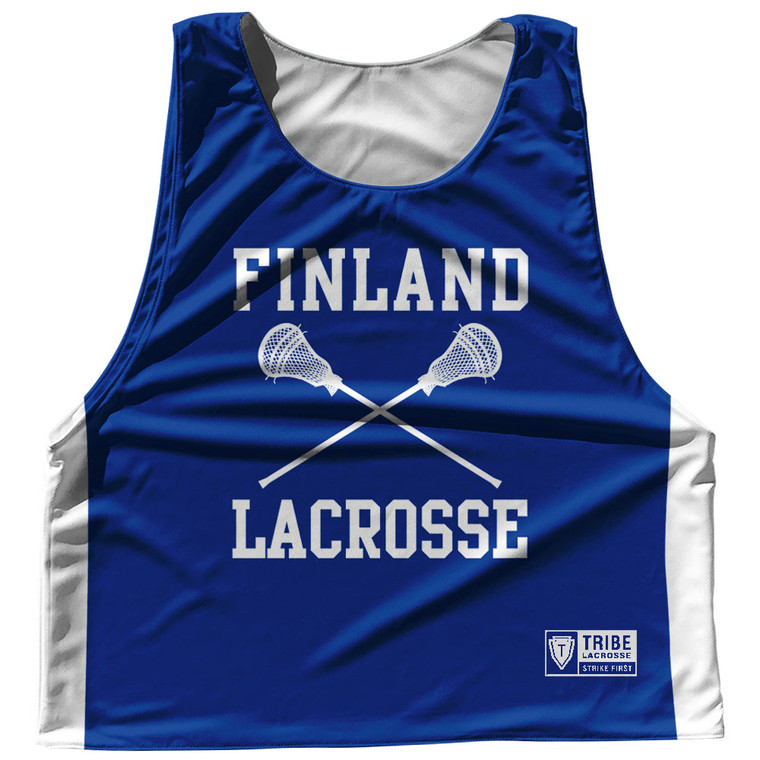 Finland Country Nations Crossed Sticks Reversible Lacrosse Pinnie Made In USA - Royal & White