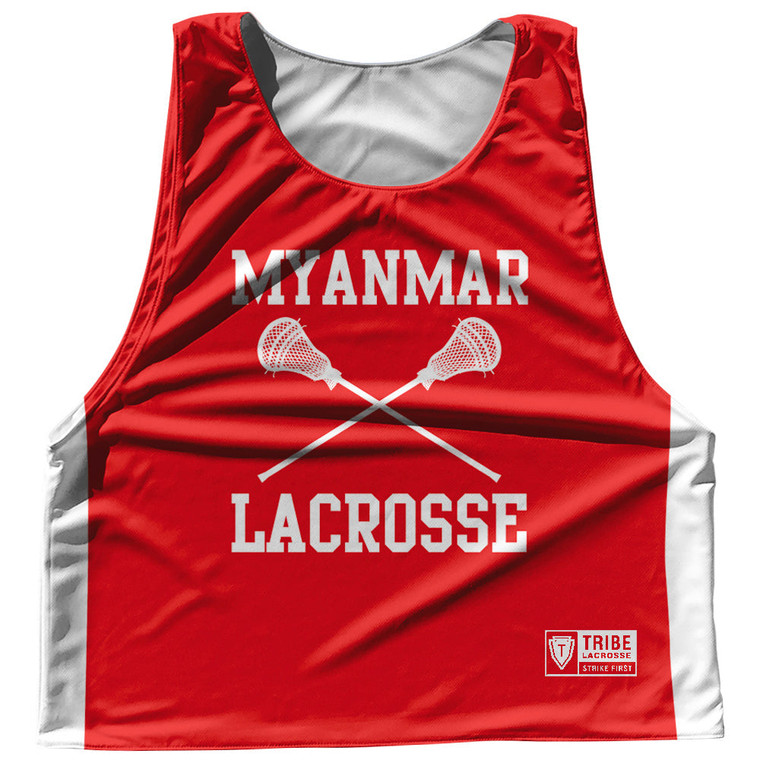 Myanmar Country Nations Crossed Sticks Reversible Lacrosse Pinnie Made In USA - Red & White