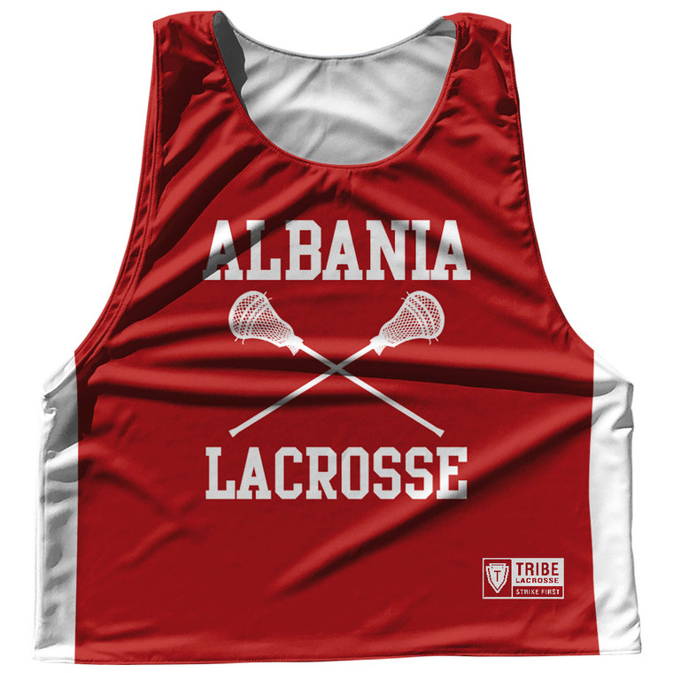 Albania Country Nations Crossed Sticks Reversible Lacrosse Pinnie Made In USA - Red & White