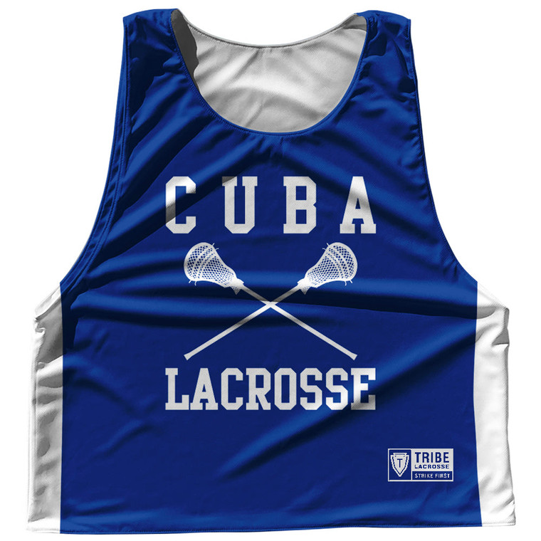Cuba Country Nations Crossed Sticks Reversible Lacrosse Pinnie Made In USA - Royal & White