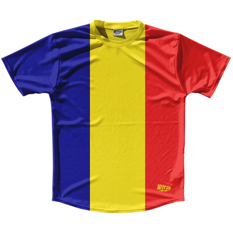 Romania Country Flag Running Shirt Track Cross Country Performance Top Made In USA - Yellow Red