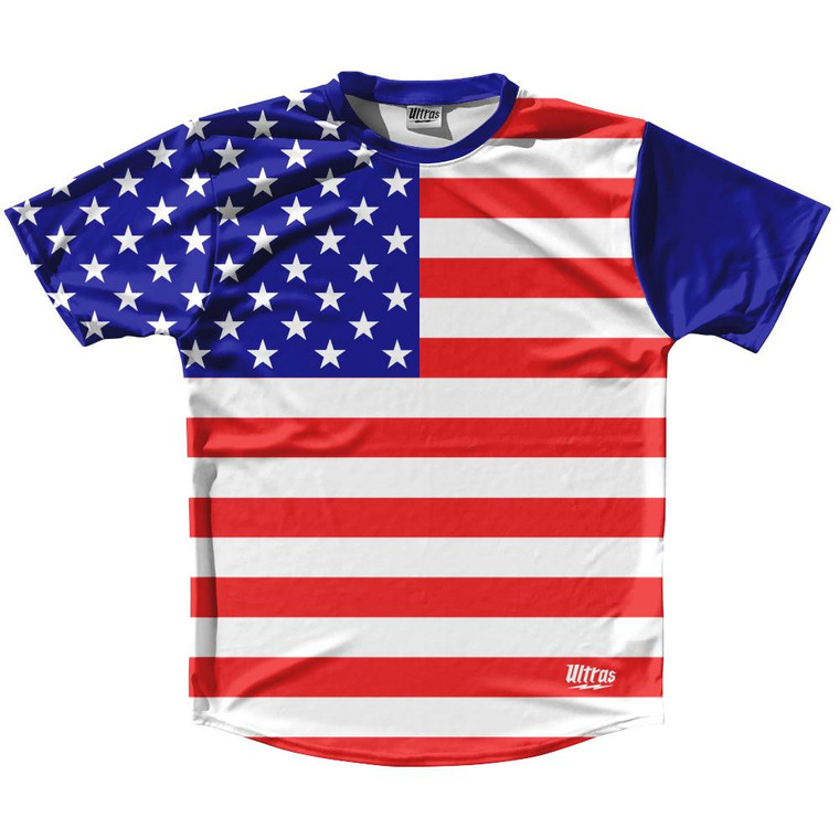 USA American FLAG RUNNING SHIRT TRACK CROSS COUNTRY PERFORMANCE TOP MADE IN USA - Red Blue