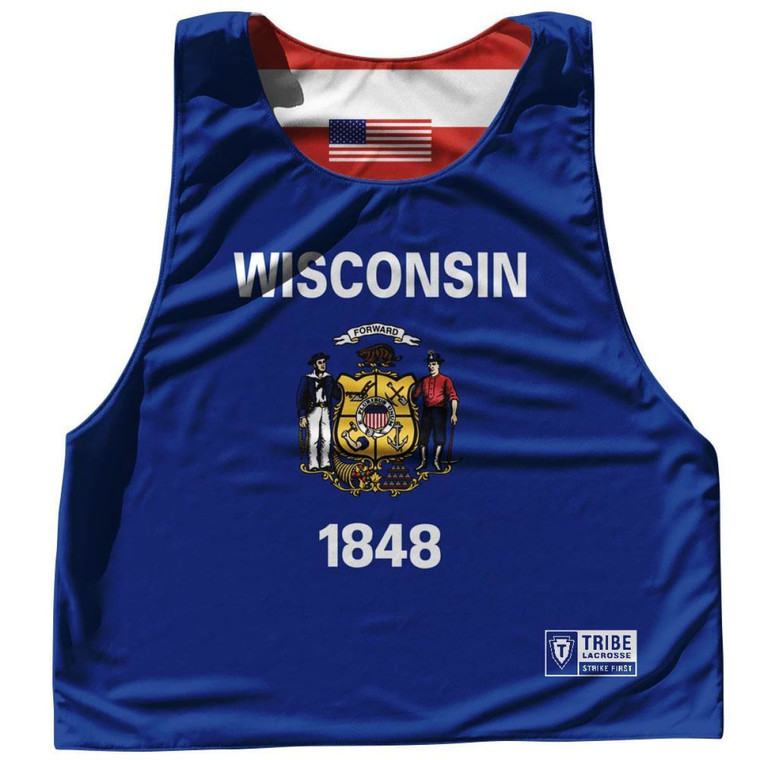Wisconsin State Flag and American Flag Reversible Lacrosse Pinnie Made In USA - Royal Blue